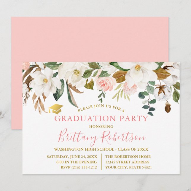 Invitation Watercolor Magnolias Rose Gold Graduation Party (Devant / Derrière)