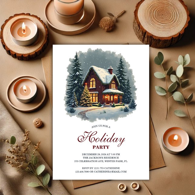 Invitation Watercolor Maison d'hiver Nouvel An Fête (Watercolor Winter House New Year Holiday Party Invitation)