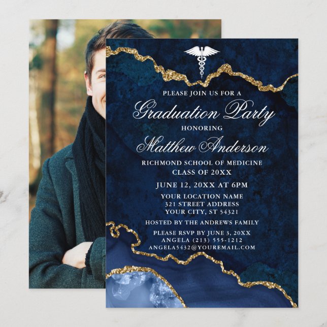 Invitation Watercolor Marble Photo Médicale Graduate Party (Devant / Derrière)