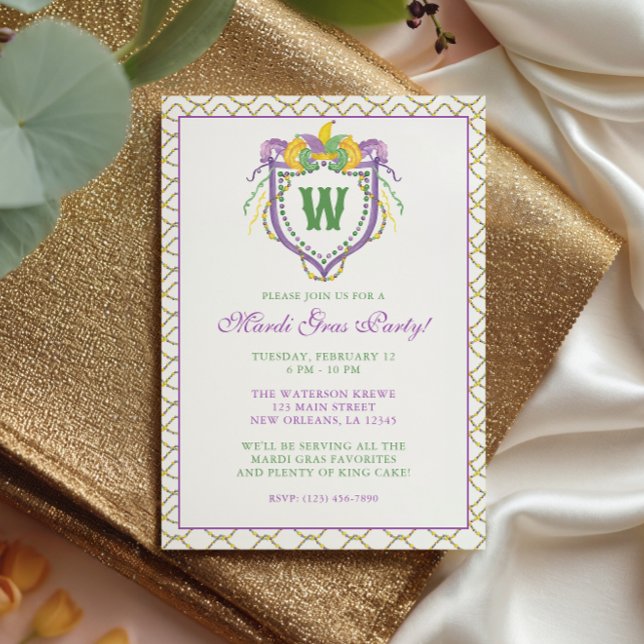 Invitation Watercolor Mardi Gras Monogram Crest Party (Créateur téléchargé)