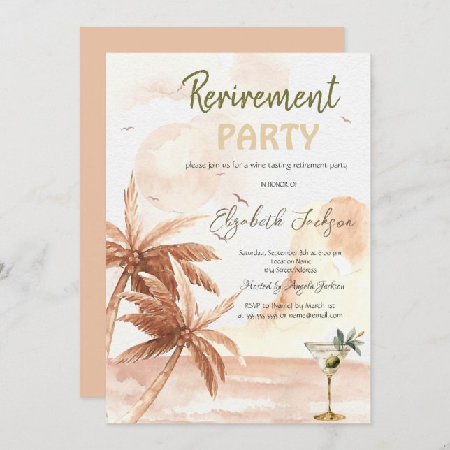 Invitation Watercolor Martini Glass Rustic Palms Retirement  (Devant / Derrière)
