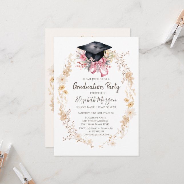 Invitation Watercolor Meadow Flowers Cap Bow Graduation (Devant/Arrière en situation)