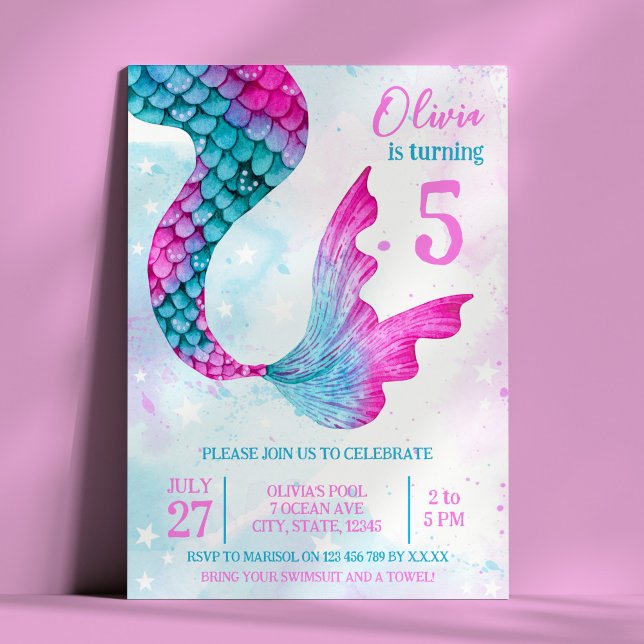 Invitation Watercolor Mermaid Tail Fête d'anniversaire fille (Watercolor Mermaid Tail Girl's Birthday Party Invitation)