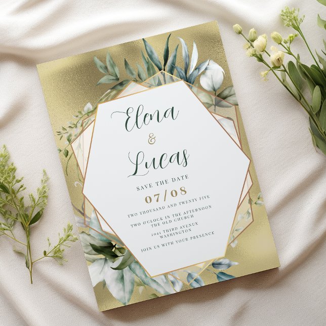 Invitation Watercolor mint gold foliage geometric wedding (Watercolor mint gold foliage geometric wedding)
