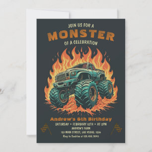 Invitation Watercolor Monster Camion Garçon Anniversaire