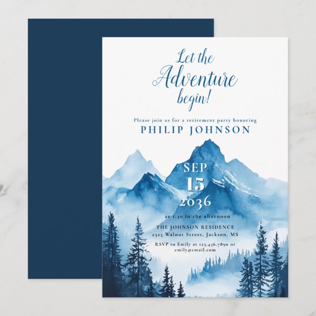 Invitation Watercolor Mountain Adventure Retraite Party (Devant / Derrière)