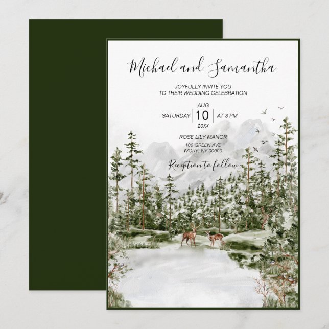Invitation Watercolor Mountain Forest Mariage rustique (Devant / Derrière)