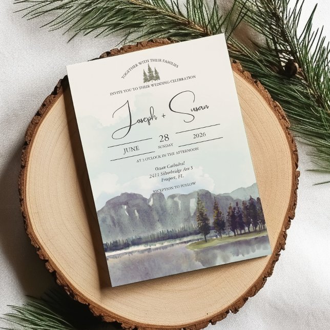 Invitation Watercolor Mountain Forest Trees Lake Mariage (Créateur téléchargé)