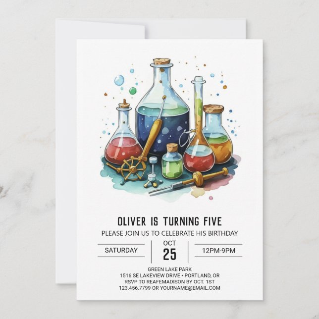 Invitation Watercolor Mystery Lab Scientifique Anniversaire (Devant)