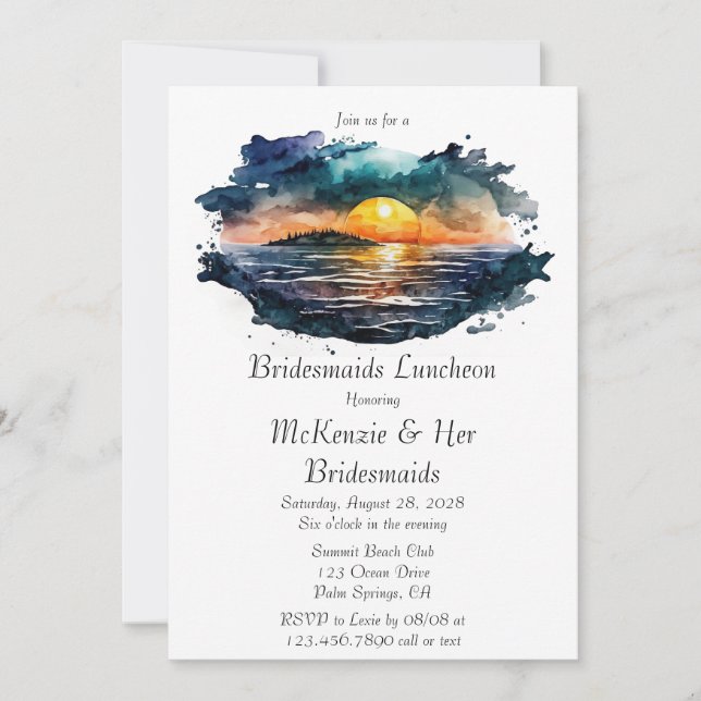 Invitation Watercolor Nautical Beach Scène Bridesmaids Déjeun (Devant)