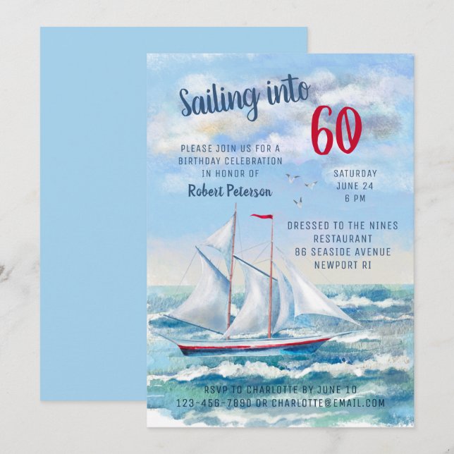 Invitation Watercolor Nautical Sailing Yacht 60e anniversaire (Devant / Derrière)