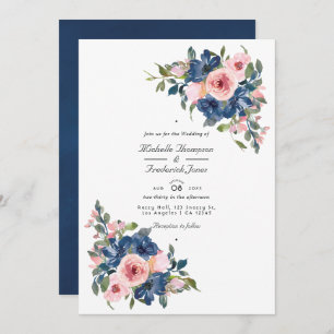 Invitation Watercolor Navy et Blush Floral QR Code Mariage