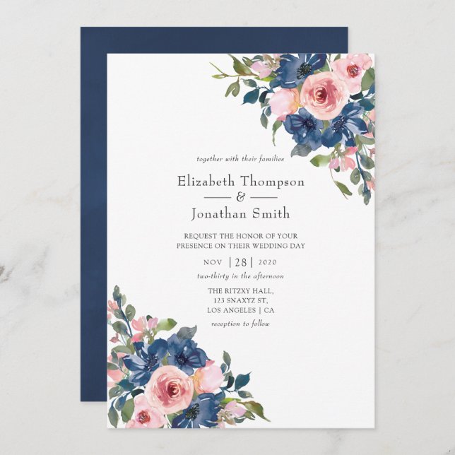 Invitation Watercolor Navy et Blush FlorMariage (Devant / Derrière)