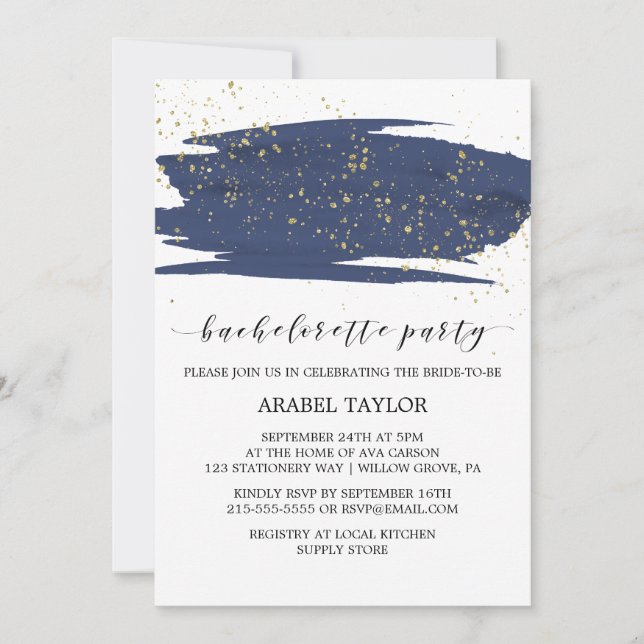 Invitation Watercolor Navy et Gold Bachelorette (Devant)