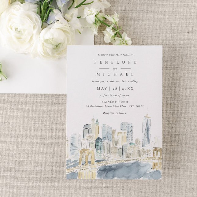 Invitation Watercolor New York City USA Destination Wedding (New York City skyline watercolor wedding invitation.)