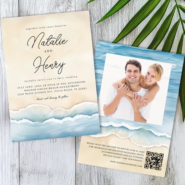 Invitation Watercolor Ocean Wave Beach Wedding Photo (Beach Wedding Invite)