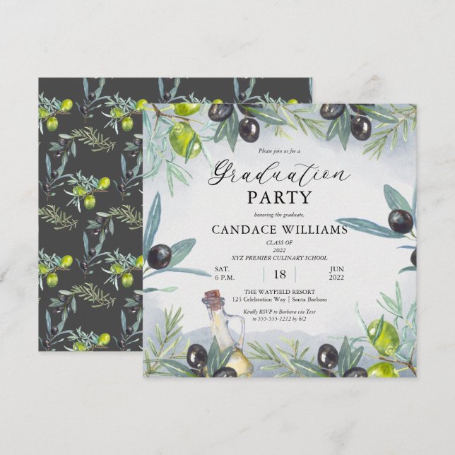 Invitation Watercolor Olive culinary School Graduation Party (Devant / Derrière)