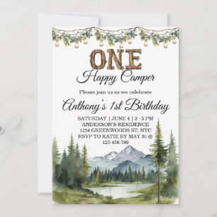Invitation Watercolor One Happy Camper Mountain 1er anniversa