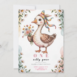 Invitation Watercolor One Silly Goose Wildflower 1st Birthday