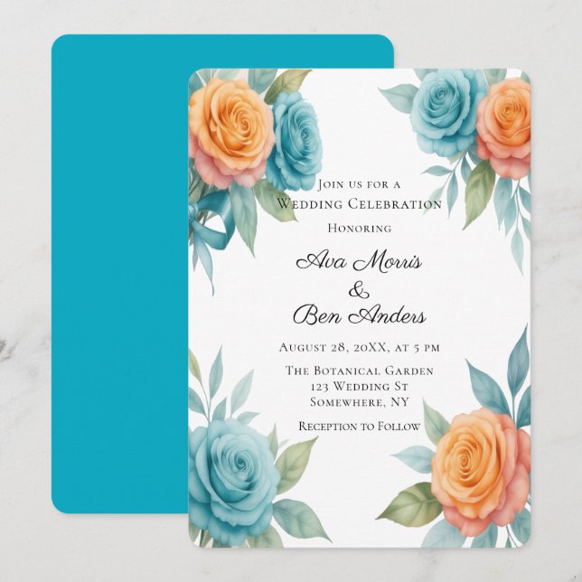 Invitation Watercolor Orange & Teal Roses Wedding (Devant / Derrière)