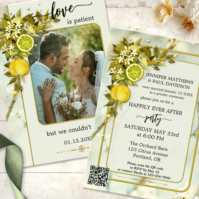 Invitation Watercolor Orchard Photo Mariage Réception uniquem (Happily ever after wedding party invitation featuring watercolor citrus fruits on blossoming leaves )