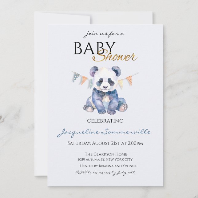 Invitation Watercolor Panda bear Baby Shower (Devant)