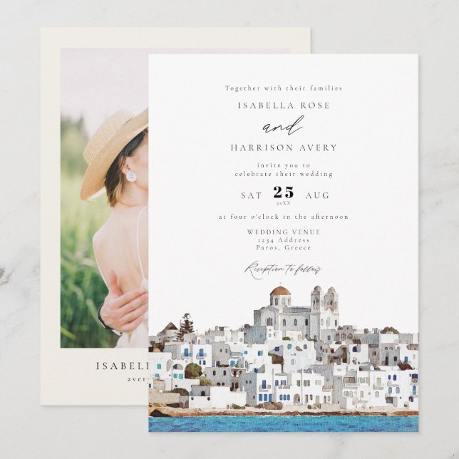 Invitation Watercolor Paros Grèce Skyline Travel Mariage (Devant / Derrière)