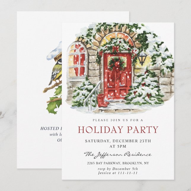 Invitation Watercolor Pays Maison de vacances Noël (Devant / Derrière)