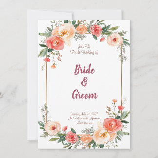 Invitation Watercolor Peach Coral Rose Gold Frame Floral