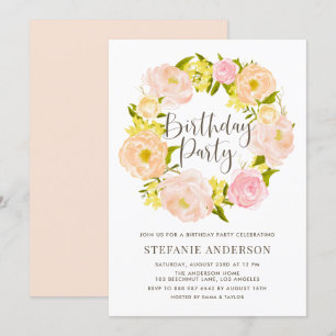 Invitation Watercolor Peach Peony Wreath fête d'anniversaire