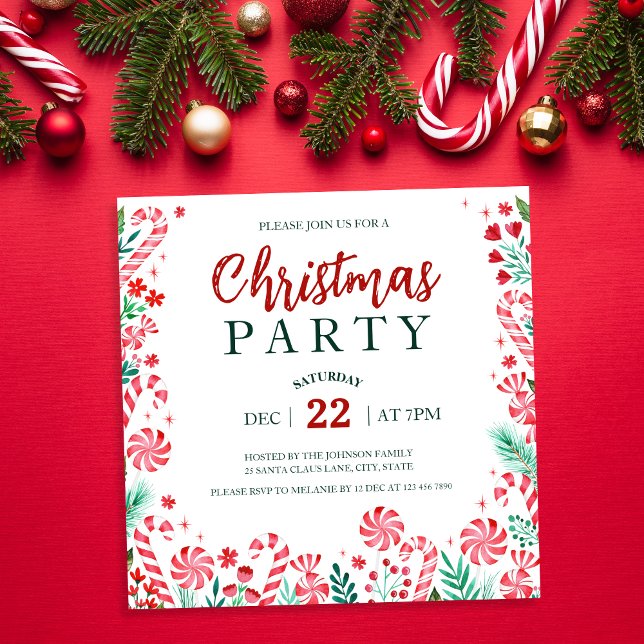 Invitation Watercolor Peppermenthe Sucres de canne Noël (Watercolor Peppermint Candy Canes Christmas Party Invitation)