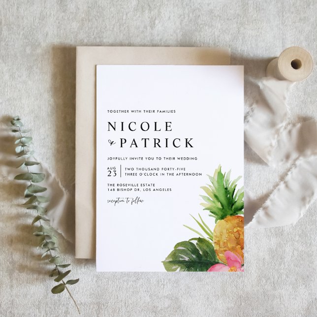 Invitation Watercolor Pineapple and Hibiscus Tropical Wedding (Customizable tropical wedding invitation featuring watercolor pineapple, greenery and flower.)