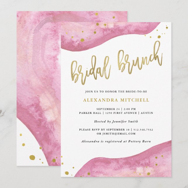 Invitation Watercolor Pink and Gold Geode Bridal Brunch (Devant / Derrière)