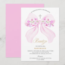 Watercolor Pink Bow Floral Girl Baptism