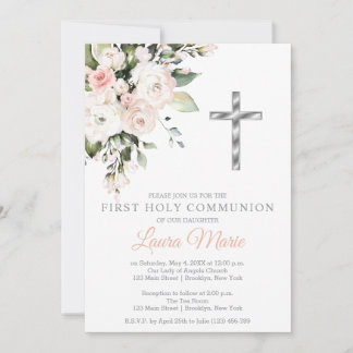 Invitation Watercolor Pink Florals First Holy Communion