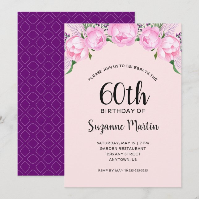 Invitation Watercolor Pink Peonies 60e fête d'anniversaire (Devant / Derrière)