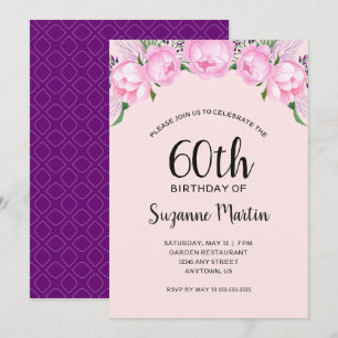 Invitation Watercolor Pink Peonies 60e fête d'anniversaire