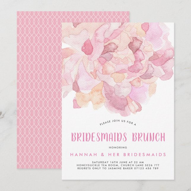 Invitation Watercolor Pink Peony Bridesmaids Brunch Invitatio (Devant / Derrière)