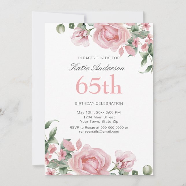 Invitation Watercolor PInk Rose 65th Birthday Party  (Devant)