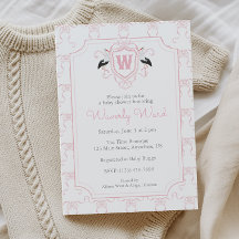 Watercolor Pink Stork Monogram Crest Baby Shower