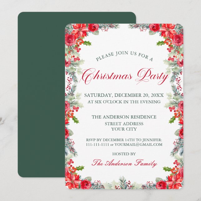 Invitation Watercolor Poinsettia Floral Christmas Party (Devant / Derrière)