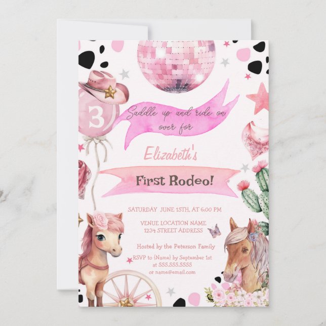 Invitation  Watercolor Pony Rodeo Polka Dots Birthday  (Devant)