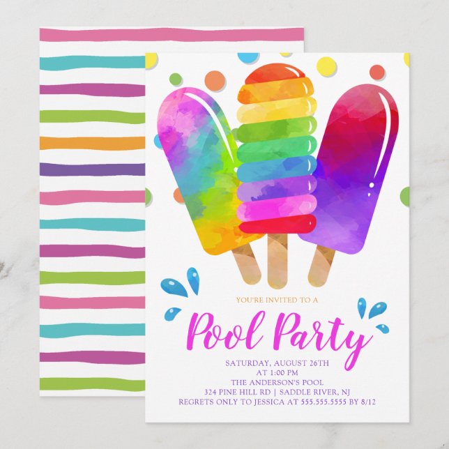 Invitation Watercolor Popsicles Pool Party (Devant / Derrière)