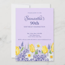 Watercolor Purple Floral 90th Birthday Party