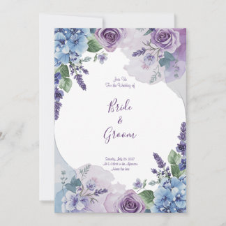 Invitation Watercolor Purple Rose Blue Hydrangea Lavender Wre