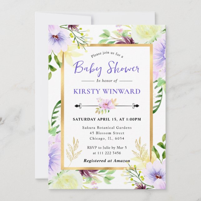 Invitation Watercolor Purple Summer Flowers Baby Shower (Devant)