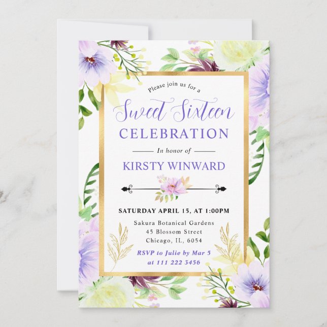 Invitation Watercolor Purple Summer Flowers Sweet 16 (Devant)