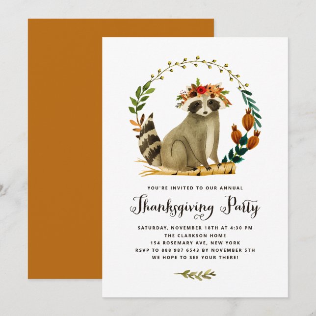 Invitation Watercolor Raccoon Wreath Thanksgiving Party (Devant / Derrière)
