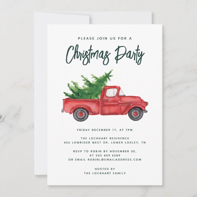 Invitation Watercolor Red Truck Fête de Noël (Devant)