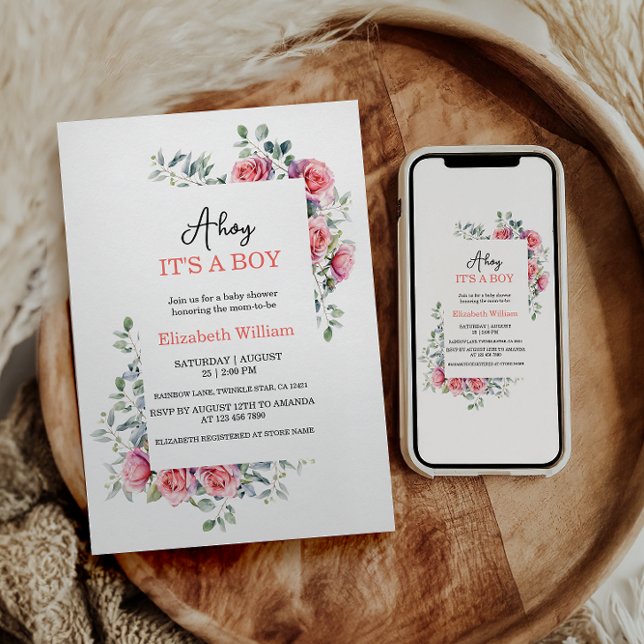 Invitation Watercolor Roses & Eucalyptus Baby Shower (Créateur téléchargé)